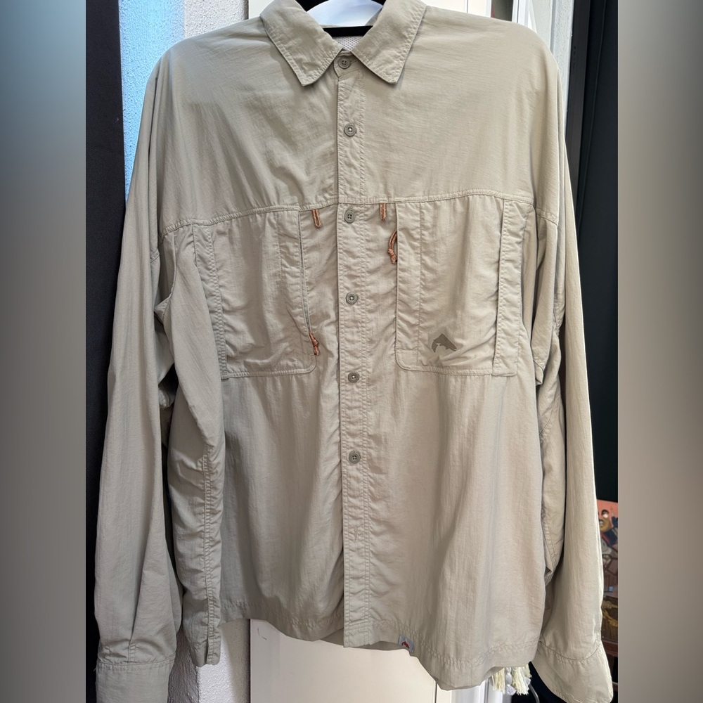 SIMMS Men’s Vented Fishing Shirt Tan Khaki Nylon Long Sleeve‎ SZ L